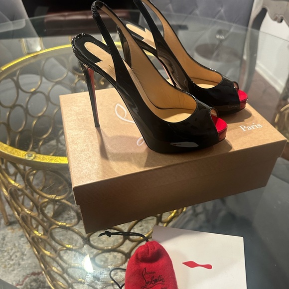 Christian Louboutin Black Peep Toe Slingback Heels - Picture 1 of 8